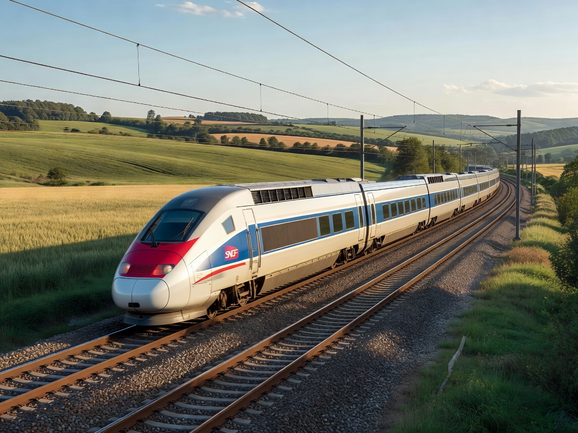 French high-speed passenger train traveling on tracks