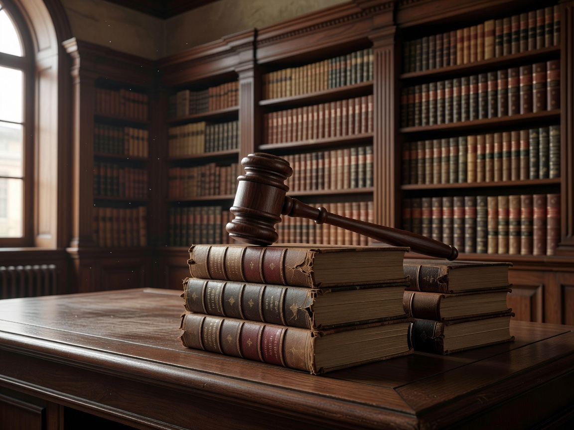 Gavel on law books in courtroom library representing legal history analysis