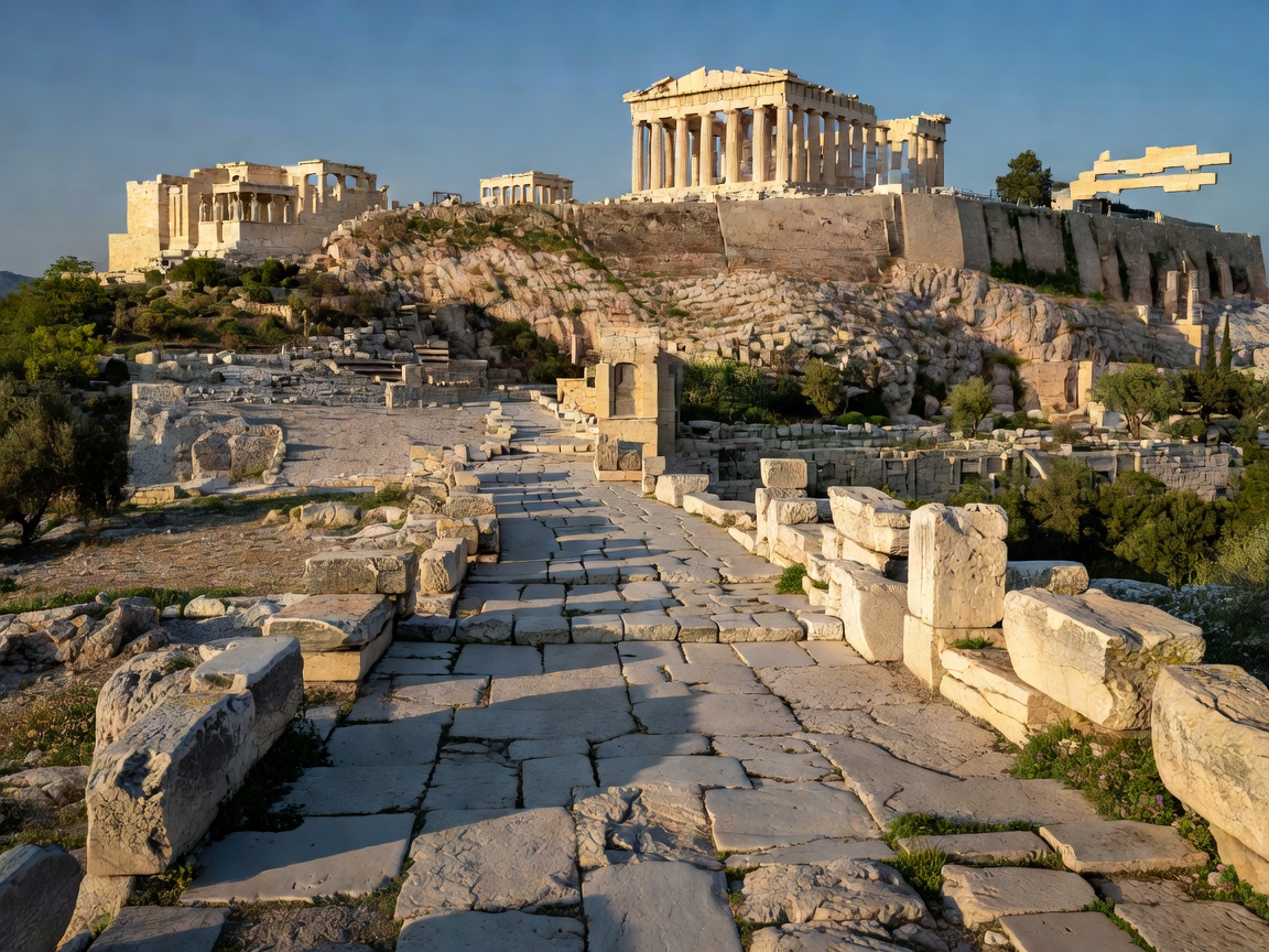 The Parthenon and ancient marble steps of the Acropolis in Athens Greece